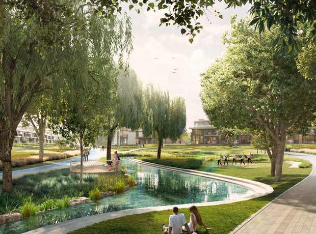 Central park with a lagoon and a yoga lawn