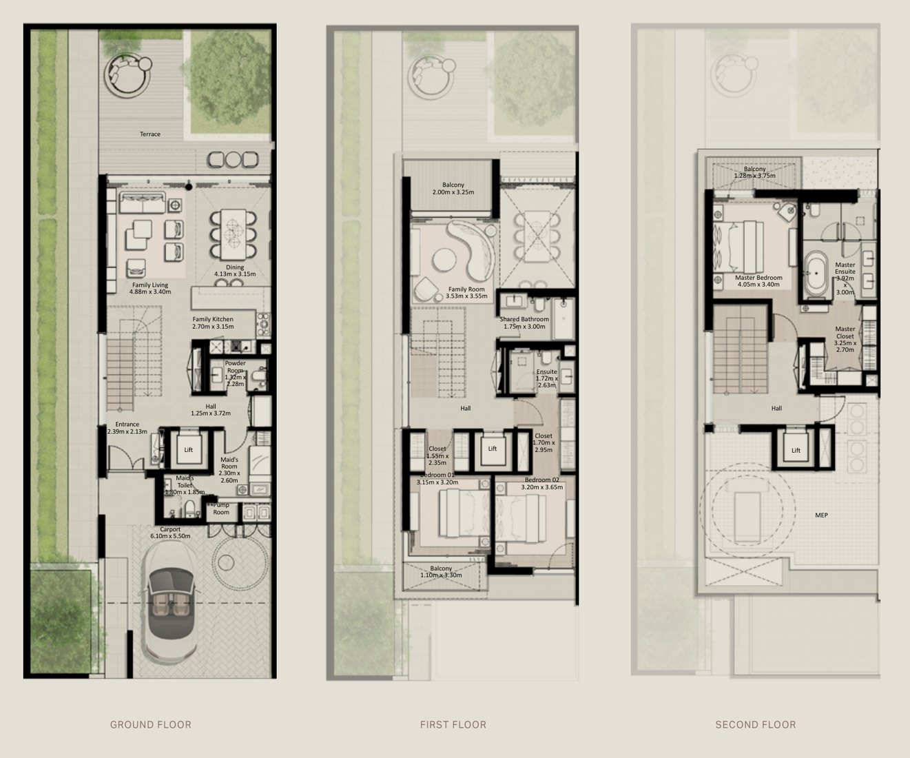 3-bedroom townhouse, Ground, first and second floor