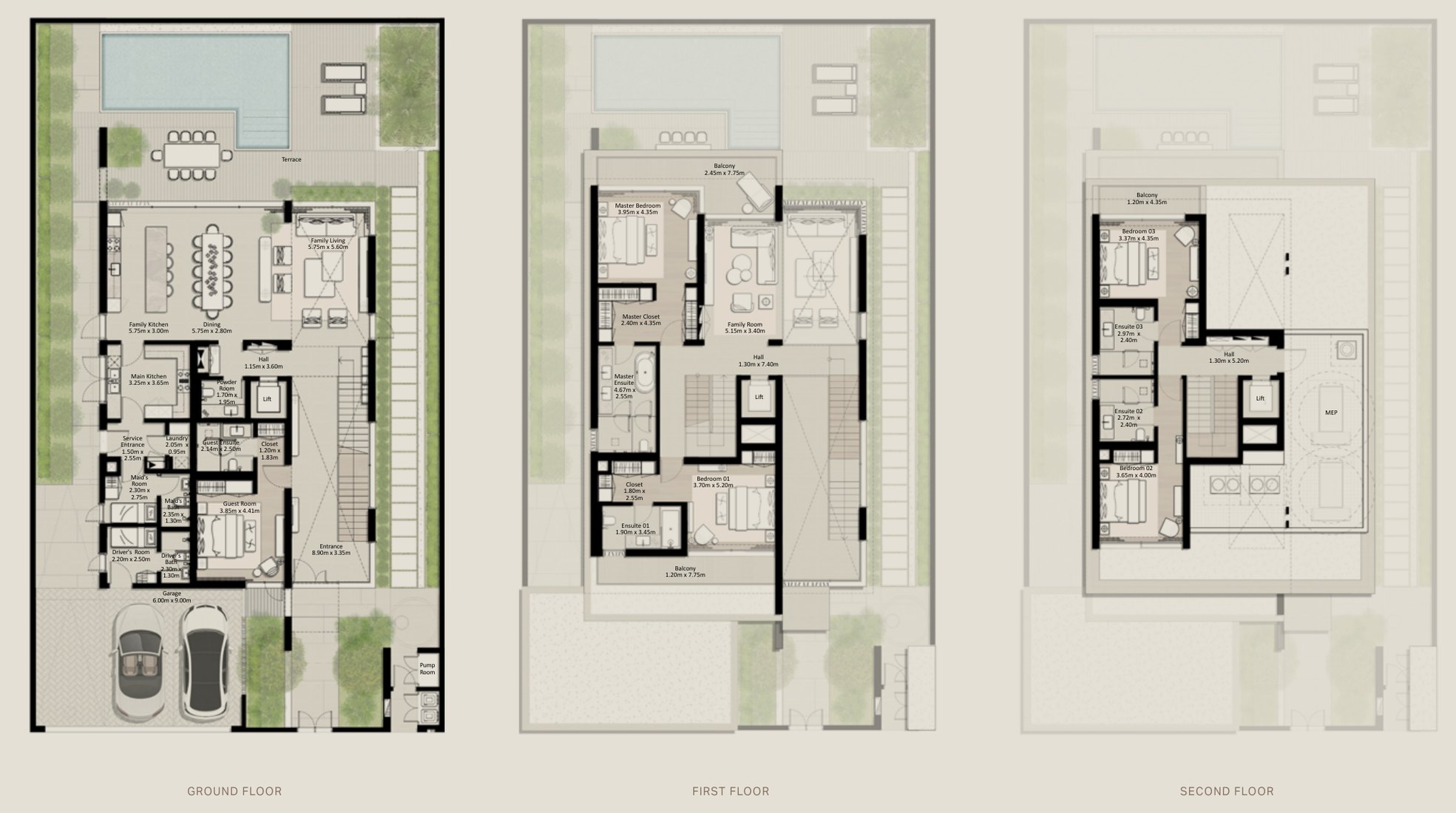 5-bedroom villa, Ground, first and second floor