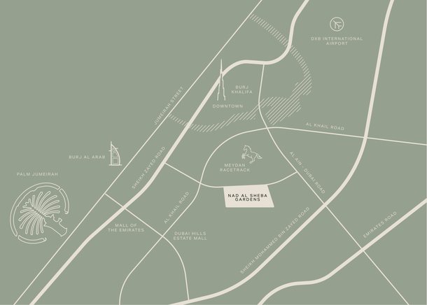 Map of Dubai with Nad Al Sheba Gardens beside Meydan Racecourse